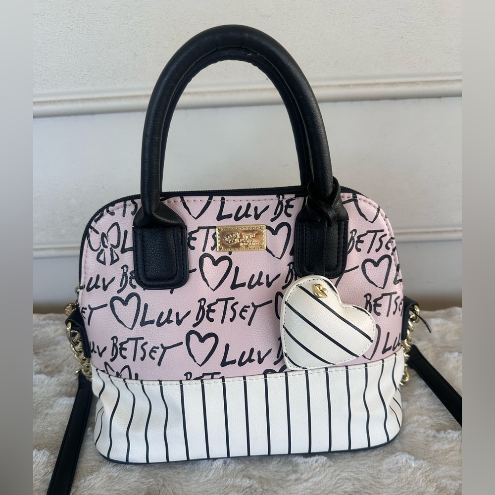 Betsey Johnson Heart and Stripe Satchel - Pink and White